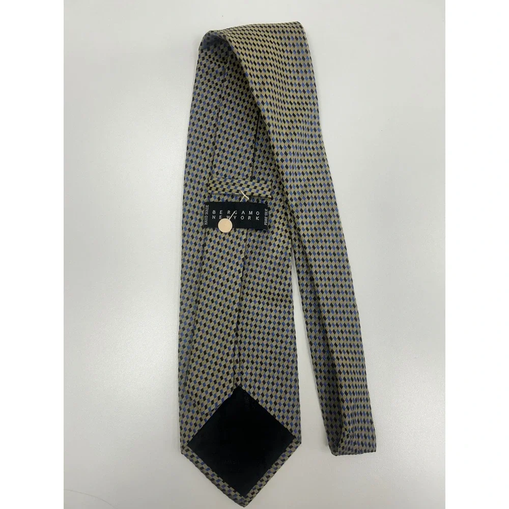 Bergamo New York Pure Silk Tie Vintage Geometric Blue Taupe Handmade Necktie
